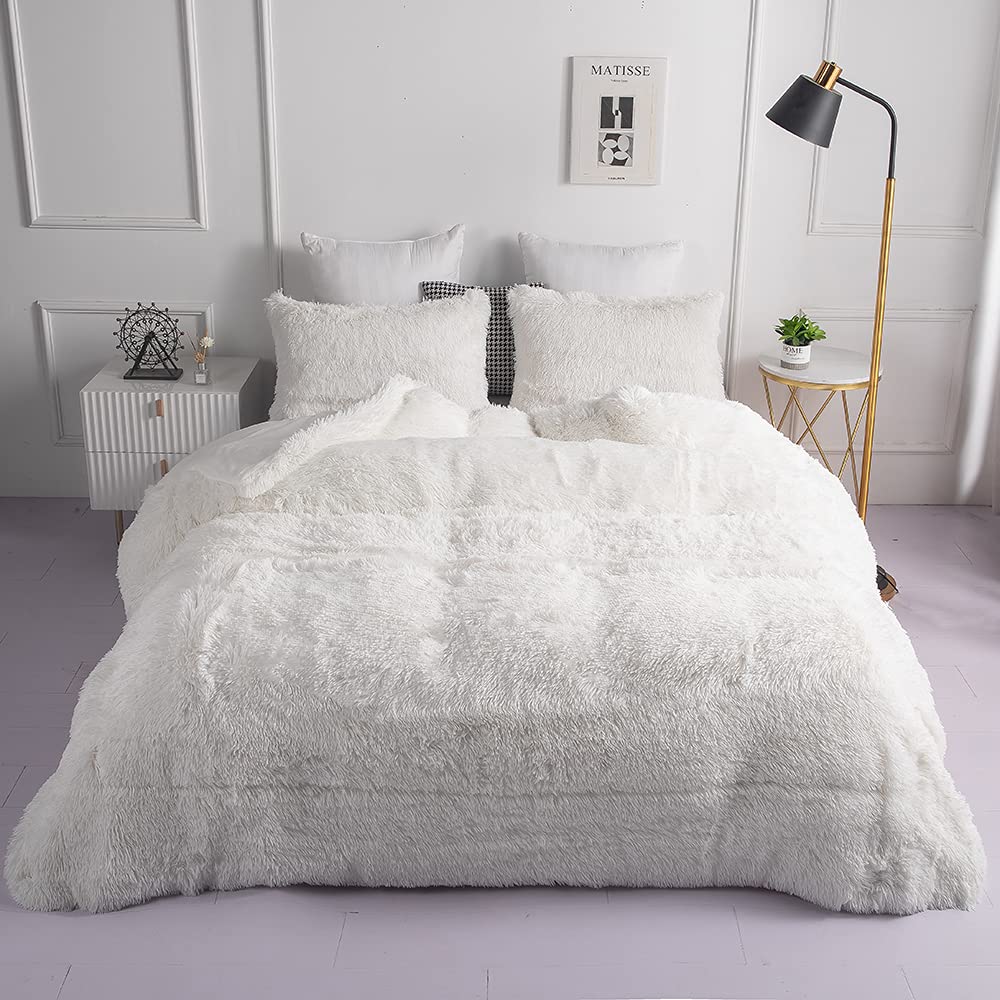 Chovy Faux Fur Plush White Comforter Sets Full/Queen - Ultra Soft Shaggy Flannel Velvet Fluffy Fuzzy 3Pc Bedding Set (Comforter